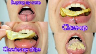 Chewing crunchie food + Mouth Play + Burping
