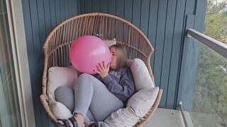 Cozy Balcony B2P Blow to pop Massive Pink Balloon Pop in Sweats
