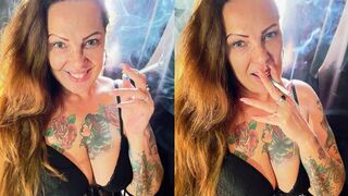 Brazilian stepmother, showing off all her natural beauty, smoking her first cigarette at dawn - Dunhill Menthol 100