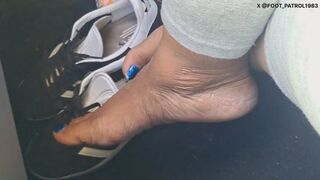Barefoot Passenger Blue Toes Foot Play While Riding In The Car