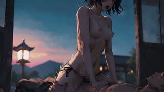 Lantern light on her back; she rides dusk slow—finishing where the mountains turn to night.