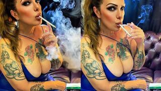 Custom - Beautiful smoker in a blue PVC dress, perfect makeup and ponytail - Residual exhales - Cough - Misty Menthol 120