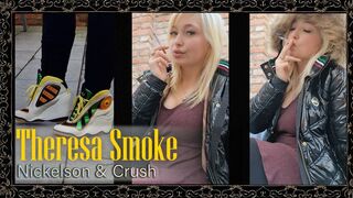 Outdoor Smoking, Red Dress, Crush – Theresa Smoke daylight with black Nickelson jacket and two perspectives (Smoking Fetish, Cigarette Crush)