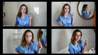 4-6 Ramona Lynn is smoking all-white Virginia Slims 120s cigarettes in the bathroom at home using matches (4 scenes) 4K resolution