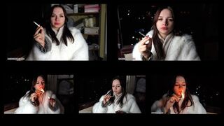 4-6 Tina is smoking all-white Winston cigarettes on the balcony at home using matches (5 scenes) 4K resolution