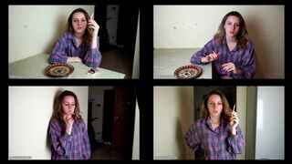 5-6 Ramona Lynn is smoking all-white Virginia Slims 120s cigarettes in the kitchen at home using matches (4 scenes) 4K resolution