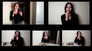 5-6 Tina is smoking all-white Winston cigarettes in the kitchen at home using matches (5 scenes) 4K resolution