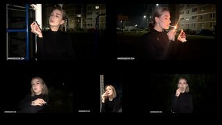 6-6 Lesya is smoking all white Winston cigarettes on the street using matches (5 scenes) 4K resolution (iPhone)