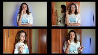 6-6 Ramona Lynn is smoking all-white Virginia Slims 120s cigarettes in the room at home using matches (4 scenes) 4K resolution