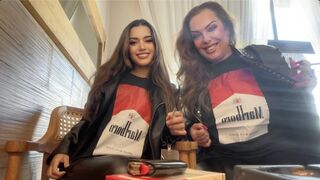 Marlboro girls coughing smoking Marlboro red 100s in leather!