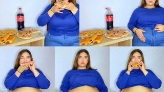 DOUBLE PIZZA STUFFING + Chocolate Cravings, Blue Outfit, Tight Belly, Slow Fullness, Intriguing Ending