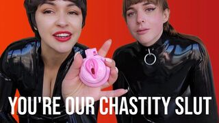 Latex Double Domme POV: Chastity On, Trans Cock Down Your Throat