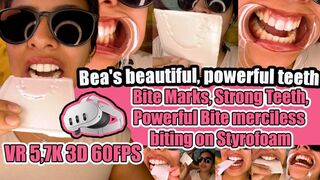 VR 3D 5,7K 60FPS | Mouth Fetish Highlight: Bea Shows Off Her Flawless White Teeth and Powerful Biters – Lip Retractor Close-Up, Intense Styrofoam Bite Marks, Crunching Grinding, Dangerous Biting – Teeth Fetish, Strong Teeth, Powerful Bite, Deep Tooth Impr