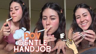 (Vertical video pov) Beautiful long nails GODDESS making a gentle smoke and sloppy handjob