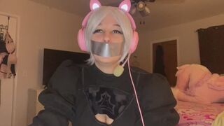 Goth girl in tape gag 2-B cosplay plays horror game