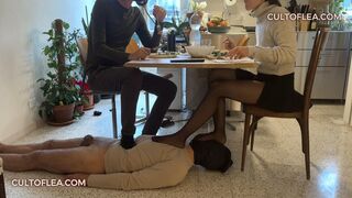 Cuckold human furniture: Domestic Slave Servitude and footrest for Goddess Lea & Her Boyfriend during lunch