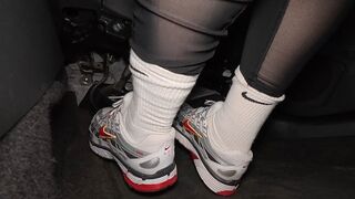 Driving in Nike Sneakers, white crew socks and leggings