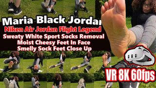 VR 3D 8K 180 60 fps | Maria Black Nike Air Jordan Flight Legend – Sweaty White Sport Socks Removal, Moist Cheesy Feet In Face, Smelly Sock Feet Close Up, Black Jordans Sniffing
