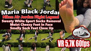 VR 3D 5,7K 180 60 fps | Maria Black Nike Air Jordan Flight Legend – Sweaty White Sport Socks Removal, Moist Cheesy Feet In Face, Smelly Sock Feet Close Up, Black Jordans Sniffing