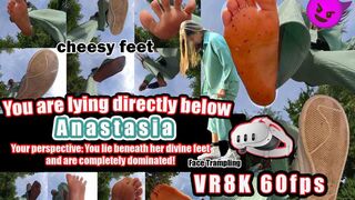 VR 3D 8k - Lie under Goddess Anastasia Crushes You Mercilessly: Hot Sweaty Nylon Feet, Cheesy Bare Feet Face Trampling & Toy Crush – Nike Blazer Destruction, Foot Smelling, Licking & Brutal Trampling VR 8K