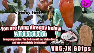 VR 3D 5,7k 60FPS - Lie under Goddess Anastasia Crushes You Mercilessly: Hot Sweaty Nylon Feet, Cheesy Bare Feet Face Trampling & Toy Crush – Nike Blazer Destruction, Foot Smelling, Licking & Brutal Trampling VR 8K copy