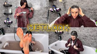 Wetlook Shower Fully Clothed + Soapy Tits Through Wet Grey T-Shirt, Brown Hoodie Off, Jeans & Socks Soaked, Rainy Day Wet Clothes, Detailed Breast Foaming, Close Up Bare Wet Feet After Removing Sneakers & Socks