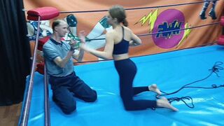 Strong brunette wrestles and ties up a guy