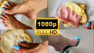 Sandwich prepared with feet EmpressBellaSadic Long Toes Nails Blue Nails Bread Crush