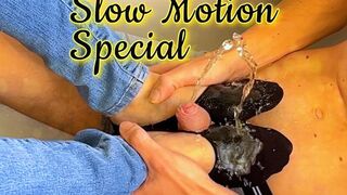 He suddenly starts pissing everywhere while she gives him a sexy sockjob with her cute black ballerina socks (silent slow motion special)