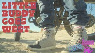 Little Buddy Goes West Chapter 2!: Little Buddy falls off the train! Spends the night in the desert before finding a cute big-boobed Motorbike giantess babe changing her dirty socks before fininishing her ride.