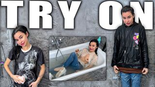 Multi Layer Shower Wetlook Jeans Ripped Tee Naked Tits, Full Clothed Start to Soaking Layers, Foam Jeans Hoodie, Scissors Rip Tits Out