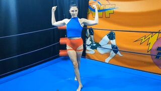 Mixed wrestling and face sitting by a circus gymnast