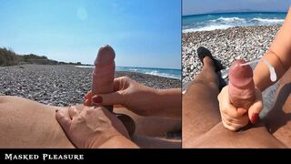 Public Orgasm: Horny MILF gives a risky Handjob at the Beach that leads to a huge Cumshot