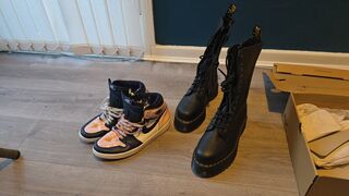 Primey trashes some Pink Jordan 1 Hightops with food and crushes them with Brand New Doc Martens 1B99 Quad 14 Hole Boots