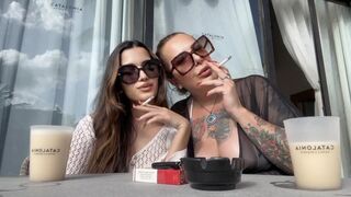 Bimbos in vacay smoking Marlboro Red 100s and enjoying a Piña Colada!
