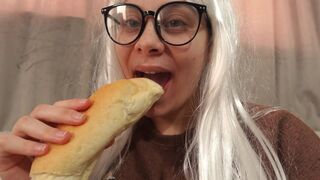 My Stepsister is having a very tasty breakfast, her sandwich is making these grimaces and silly faces, she wants you to come and try her sandwich or have breakfast with her