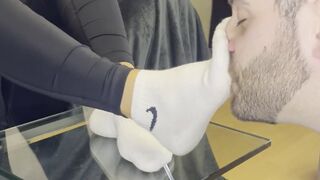 Dirty White Sneaker Worship - Smelly Socks in Face with Valeria Night (Front View)