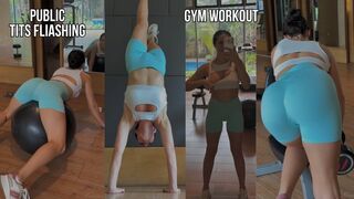 Sexy Workout, Jumping on a Ball, Tits Flash in a Public Gym