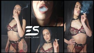 Sensual smoking in a see through underwear set