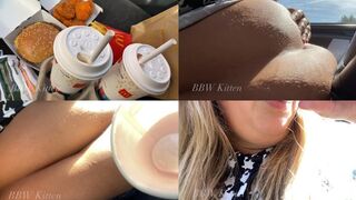 Sunny Fast Food Car Stuffing, Milkshake Chug & Belly Play in Tight Jeans