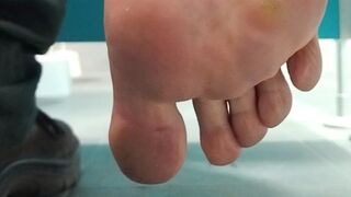 Dirty Work Sock Removal in Toilet Stall – Smelly Bare Sole Close-Up