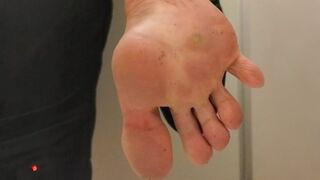Extremely Dirty Work Feet in Toilet Stall – Sweaty Socks Peeled Off, Filthy Soles Close-Up POV