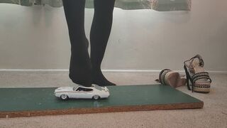Giantess Lily Kink toy car crush of a 1969 Oldsmobile Hurst in Nylons then in big mega wedges low ground view
