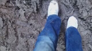 White Fila Disruptor muddy