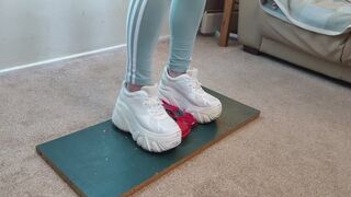 Giantess Lily Kink toy car crush of Ferrari vs 1990 Cougar XR7 in big chunky trainers sneakers and stomping the bits in a box high left view