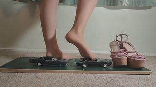 Giantess Lily Kink toy car crush of a 1967 Pontiac GTO & Dodge Charger in tights bare foot and Chunky wedges and stomping the bits in a box close ground view