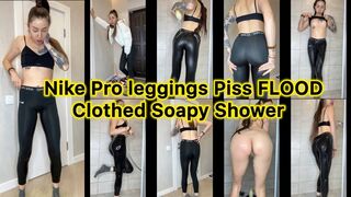 Desperate Pee in Nike Pro Leggings – Pissing Myself Before Door, Huge Puddle & Clothed Shower Soapy
