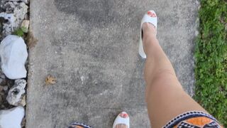 Fifi stroking and pumping the pedals of her SUV in slick white tall platform stiletto heels