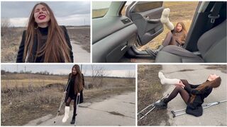 Nastya is walking on crutches with a broken leg in a cast