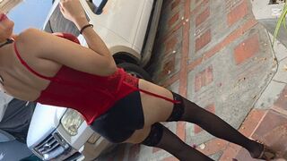 Katherine driving in sexy lingerie and extreme high heels